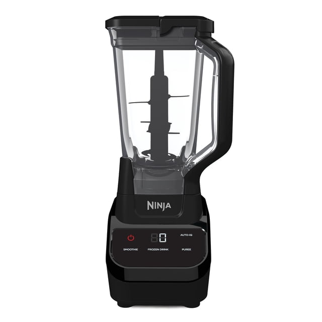 licuadora ninja profesional 3 programas 1000 watts jarra 2.1l con pantalla táctil color negro vista frontal centrada de la licuadora Ninja CT610 en negro, jarra Total Crushing transparente de 2.1 L con cuchillas internas apiladas, base con pantalla táctil y display digital que muestra modos Auto‑iQ, mango ergonómico derecho, fondo blanco; ideal para preparar smoothies, bebidas con hielo y salsas, y a menudo usada para purés caseros.