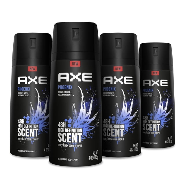 desodorante corporal en aerosol axe phoenix para hombre 120 ml paquete de 4 — paquete de cuatro latas negras frontales AXE Phoenix, cada lata 120 ml (4 oz), diseño centrado con logo AXE, texto 'Phoenix' y gráfico azul-violeta; etiqueta indica '48H High Definition Scent' y notas de menta y romero, envase sellado; a menudo se lleva en kits personales de cuidado.