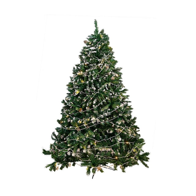 árbol de navidad pino navideño 2.10 m con luces led stay elit pinol-10, vista frontal de árbol artificial de 210 cm con silueta cónica, 1,400 puntas de PVC verde con efecto nieve y piñas, luces LED enrolladas en espiral y base trípode visible; apto para decorar hogar, oficina, tienda, entradas o esquinas pequeñas.