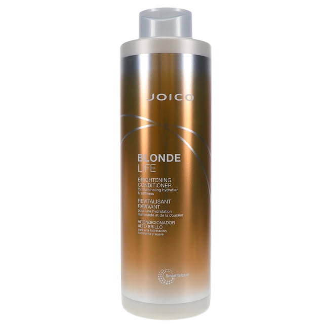 acondicionador de iluminación de la vida rubia de joico 33.8 oz botella frontal, envase cilíndrico degradado bronce a beige con tapa plateada y logo Joico, texto impreso 'Blonde Life' y 'Brightening Conditioner', superficie plástica lisa y fondo blanco; adecuado para nutrir, revivir y desenredar cabello rubio según especificaciones.