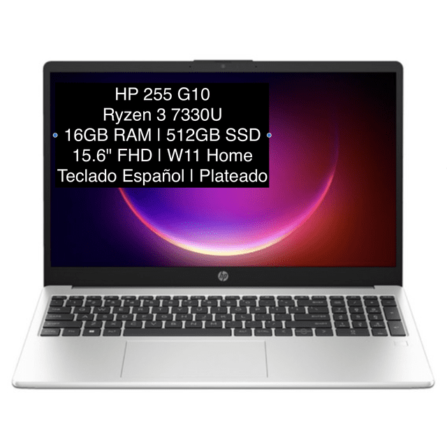 laptop hp 255 g10 amd ryzen 3 7330u 16gb ram 512gb ssd windows 11 home 15.6 full hd teclado español plateado — Vista frontal de la laptop abierta con pantalla 15.6" FHD encendida, carcasa y reposamanos plateados, teclado en español con teclado numérico, touchpad centrado y logo HP en el bisel inferior; adecuada para tareas diarias y trabajo remoto ligero.