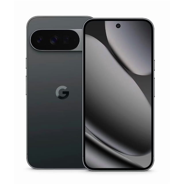google pixel 10 pro 128gb obsidiana Smartphone negro, vista frontal y trasera 3/4; pantalla Super Actua LTPO OLED de 6.3″ con perforación para cámara frontal, marcos delgados y Gorilla Glass Victus 2; trasera con módulo ovalado de triple cámara (50 MP principal, 48 MP ultra gran angular, 48 MP telefoto con zoom óptico 5×) y logotipo G en acabado de aluminio; equipado con Tensor G5 y 16GB de RAM, a menudo usado para fotografía móvil y edición rápida en el dispositivo.
