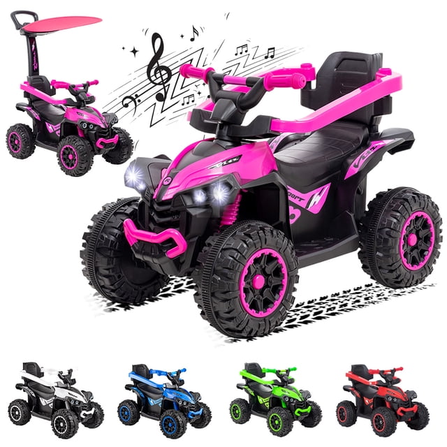 carro eléctrico con bastón montable mini infantil con luz Rosa SELECTSHOP, vista frontal 3/4 de cuatrimoto infantil rosa con bastón parental desmontable y toldo solar. Asiento individual, barandillas laterales desmontables, parachoques frontal y ruedas todoterreno negras con aro rosa; faros LED encendidos y tablero con reproductor de música, puerto USB y Bluetooth. Diseñada para uso manual o eléctrico y suele usarse para paseos supervisados.