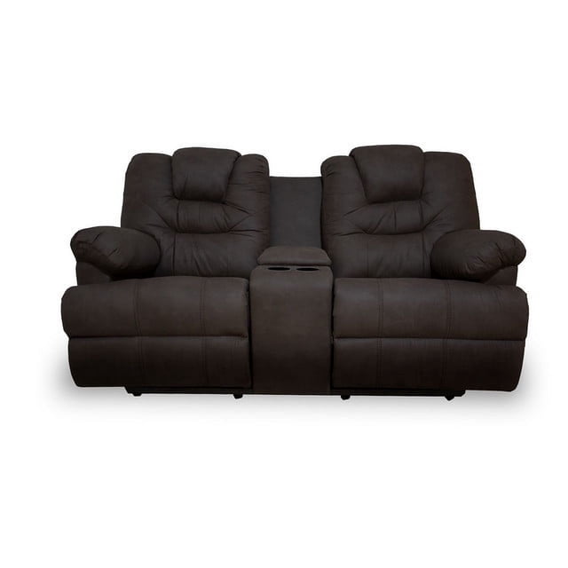 sofá reclinable atlas del descanso 2 plazas oxford gris, vista frontal centrada con respaldos y asientos extra acolchonados, brazos con almohada y tapizado suede; consola central con dos portavasos integrados y compartimiento para controles, palancas para reclinar de forma independiente, medidas 185×104×95 cm.
