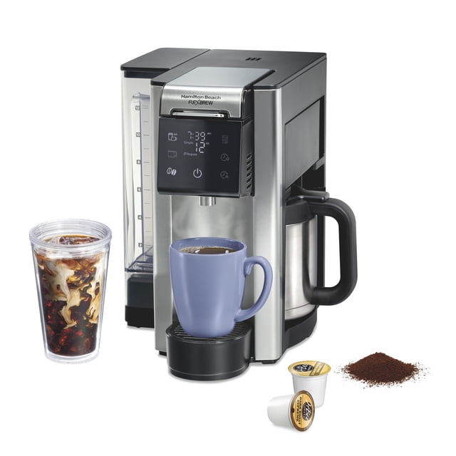 cafetera hamilton beach flexbrew advanced 5 en 1 60 ml cafetera negra compacta 5 en 1 con jarra térmica de acero inoxidable lateral, depósito de agua extraíble de gran capacidad colocado en el costado, panel frontal con pantalla táctil LED y controles para preparación rápida, porta tazas frontal con taza y soporte extraíble, cápsulas K-Cup y café molido visibles y vaso con café frío con hielo, adecuada también para preparar una sola taza o una jarra de hasta 12 tazas.