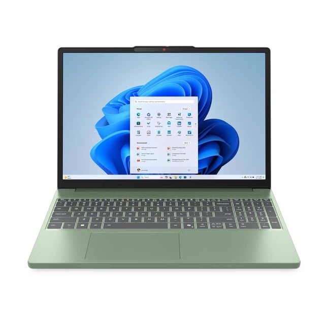 laptop lenovo ideapad slim 3 inte core i5 13420h 8gb ram 512gb ssd 15.3" windows 11 home teclado en español verde frontal abierta 3/4, chasis delgado verde claro metalizado, pantalla 15.6" con Windows 11 visible, teclado en español retroiluminado, touchpad amplio y cámara web en el marco superior. Ideal para uso estudiantil y profesional, también suele usarse para transporte de trabajo ligero.