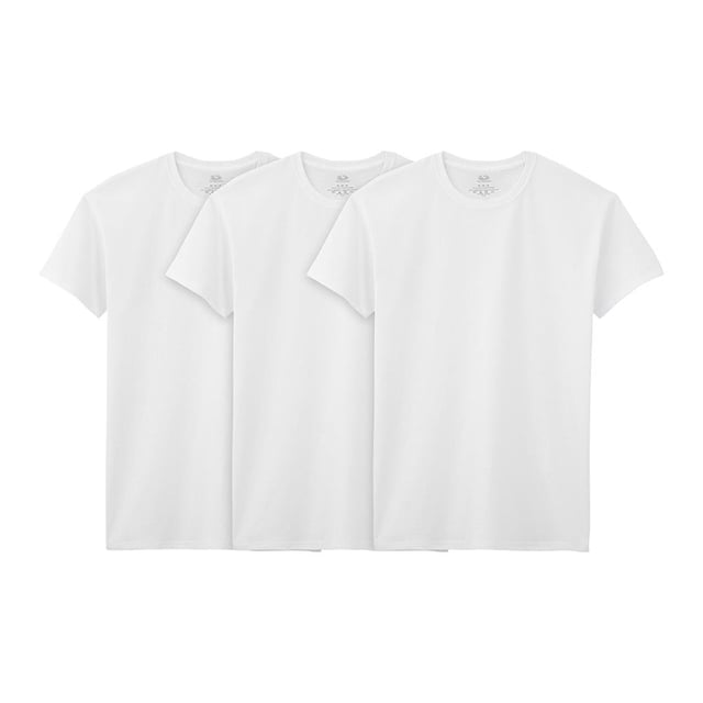 playera fruit of the loom para hombre, cuello redondo, algodón sustentable blanca 3 piezas — Tres playeras blancas, vista frontal centrada, cuello redondo y manga corta, etiqueta estampada en el interior, costuras recubiertas en hombros y cuello, tejido liso de algodón y largo diseñado para mantenerse en su lugar; también aptas para usar como básica o debajo de otra prenda.