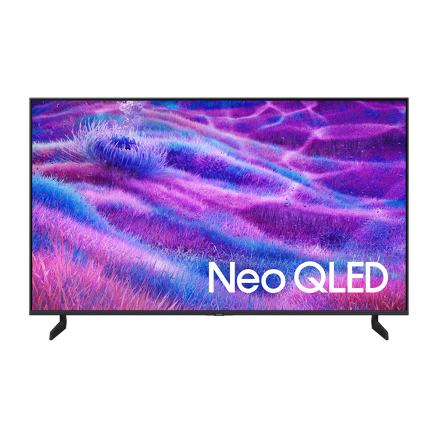 pantalla 50'' samsung neo qled qn80f 4k vision ai 2025 pantalla Neo QLED 50'' en negro, vista frontal centrada con patas de soporte; muestra un paisaje morado y azul y texto 'Neo QLED'. Especificaciones declaran escalado 4K con procesador NQ4 AI Gen2, Quantum Mini LED y soporte Dolby Atmos; también adecuada para usar como monitor multimedia o para gaming desde apps.