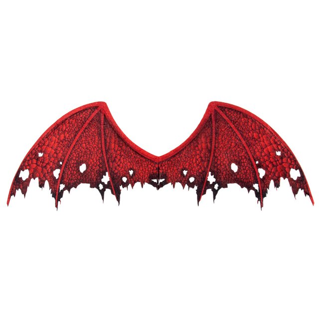 disfraz de alas de diablo, ala/máscara, accesorios de halloween para cosplay, adultos y niños Vista frontal de alas rojas multicolor #2 con borde calado y deshilachado, superficie texturizada y líneas semejantes a venas, curvadas con muesca central, colocadas planas sobre fondo blanco; diseñadas para cosplay y disfraces, también suelen usarse como adorno de pared temporal.