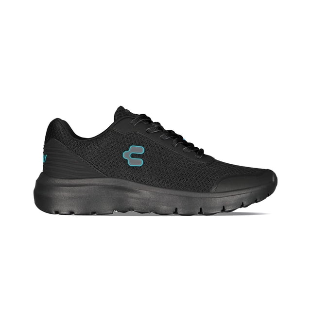 tenis mujer charly comodo textiles sports negro 25 Vista lateral derecha de tenis deportivo Charly color negro con malla textil, puntera y contrafuerte reforzados, suela de goma negra de aproximadamente 3 cm y logo Charly turquesa en el costado; fondo blanco; a menudo usado también como calzado casual para caminatas.