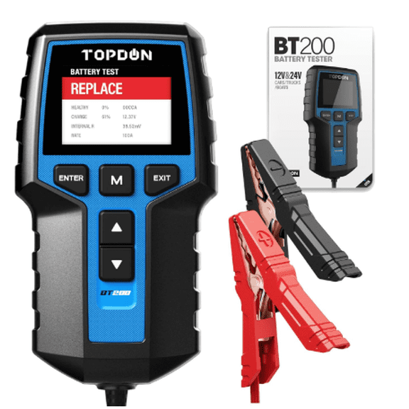TOPDON BT200 Comprobador de Baterías de Coche, 12V 24V Comprobador de Baterías 100-2000CCA, con prueba de batería, prueba de arranque y prueba del sistema de carga para coches, Pantalla color 2.4"