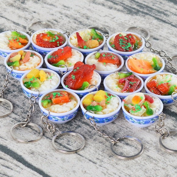 Herramientas y mejoras para el hogar Llavero con forma de cuchara de arroz y tapa de comida simulada, juguete de comida simulada, cuenco pequeño de porcelana azul y blanca, colgante, bolsa de arroz se