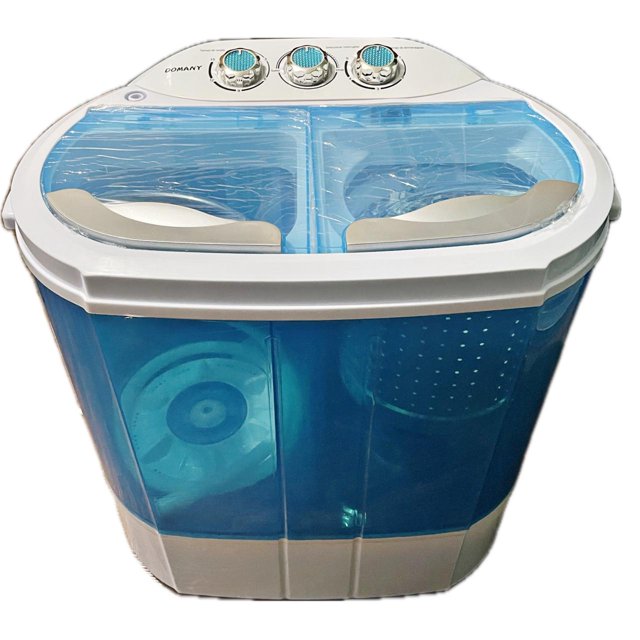 lavadora domany doble cubo 3 kg lavadora compacta doble tina azul celeste, vista frontal con tapas transparentes; dos compartimentos separados para lavado (3 kg / 18 L) y centrifugado (2 kg), panel superior con tres perillas y timer, tambor perforado visible, diseño ligero y fácil de instalar; suele usarse también para cargas pequeñas como ropa deportiva.