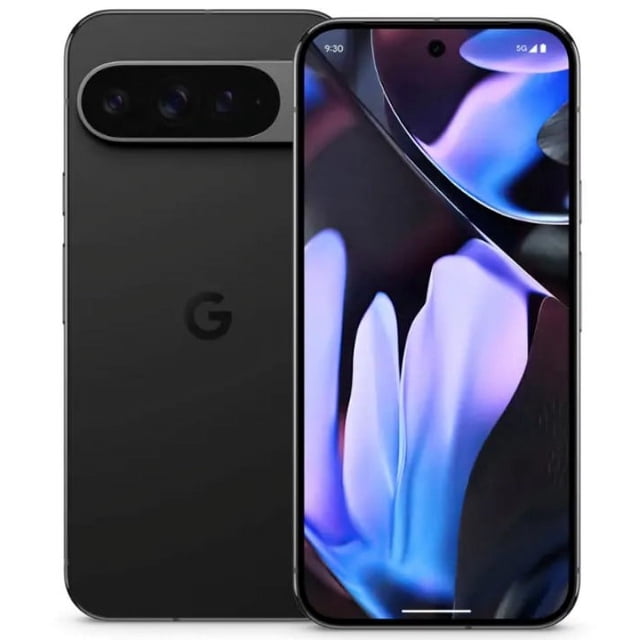 google pixel 9 pro xl 256gb negro smartphone desbloqueado en vista frontal y trasera; pantalla Actua OLED 6.7" grande con fondo abstracto morado y azul, módulo de cámara dual trasera (50 MP + 48 MP) en carcasa negra mate con logotipo 'G', procesador Google Tensor G4 indicado; apto para fotografía móvil y para almacenar grandes bibliotecas de fotos.