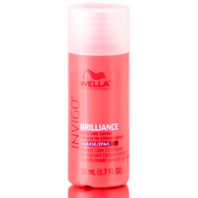 acondicionador wella invigo brilliance vibrant color para cabello grueso bote rosa coral frontal con logo Wella y texto Brilliance, envase de 50 ml (1.7 fl oz) sobre fondo blanco; según la ficha, fórmula para cabello teñido con polvo de diamante que aporta brillo vibrante.