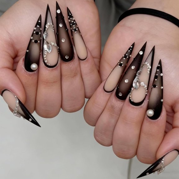 Uñas Postizas AHDSGJH Negras con Diamantes de Imitación para Mujer