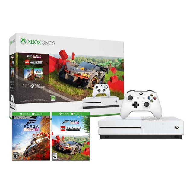 consola xbox one s microsoft 1 tb color blanco forza horizon 4 + lego speed — Vista frontal centrada de la consola Xbox One S blanca con ranura de disco visible, un control inalámbrico blanco a la derecha y la caja del paquete detrás con arte de Forza Horizon 4 y LEGO Speed Champions; también se muestran las carátulas de los dos juegos en la parte inferior. A menudo usada para jugar y hacer streaming en consolas domésticas.