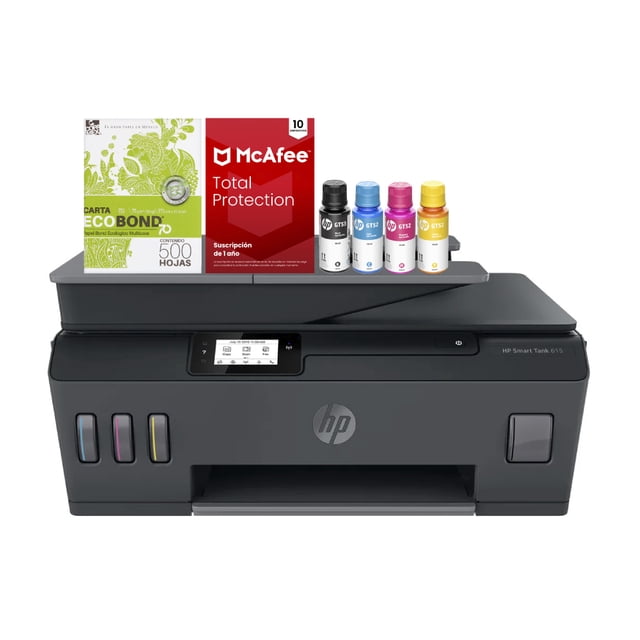 kit multifuncional hp 615 smart tank color + tintas + papel + antivirus vista frontal de la HP Smart Tank 615, impresora multifunción con tanque de tinta visible, panel táctil central y bandeja frontal; incluye cuatro botellas de tinta originales (K, C, M, Y), pack de 500 hojas Eco Bond y licencia McAfee Total Protection. Para imprimir, copiar y escanear con conexión Hi-Speed USB 2.0 y control vía HP Smart App; también es adecuada para impresión fotográfica sin bordes y proyectos escolares.