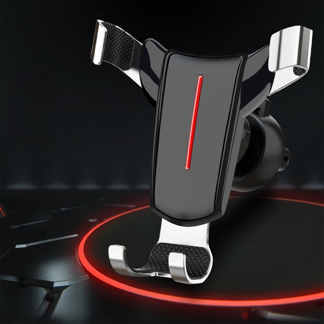 soporte universal para teléfono móvil navegación para coche ventilación fija plástico accesorio móvil negro FcBaudy, vista 3/4 frontal centrada con brazos laterales y base en U; cuerpo ABS con panel frontal liso y tira LED roja, acabados cromados y zonas texturadas antideslizantes, clip para rejilla de ventilación en la parte trasera, tamaño aproximado 10.5x10x9cm, plegable y de ángulo ajustable según especificación, ideal para sujetar el teléfono en el auto; también suele usarse para mantener el móvil accesible durante viajes.