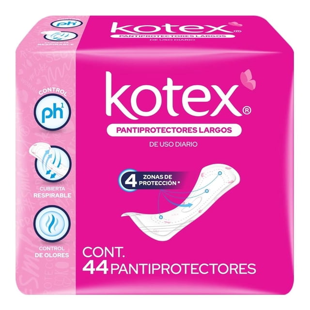 pantiprotectores kotex largos 44 piezas, caja fucsia frontal con logo Kotex y texto "pantiprotectores largos"; ilustración de pantiprotectores largos blancos con 4 zonas de protección indicadas, leyenda "de uso diario" y contador "cont. 44 pantiprotectores"; franja lateral muestra iconos de control pH, cubierta respirable y control de olores.
