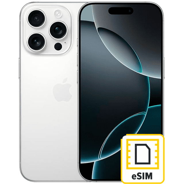 apple iphone 16 pro 256gb blanco esim reacondicionado vista frontal y trasera centrada; smartphone blanco con marco de titanio y acabado microarenado, pantalla Super Retina XDR OLED de bordes delgados, módulo trasero de tres cámaras con lentes grandes y flash, icono de eSIM en la esquina sobre fondo blanco; suele usarse como teléfono principal por usuarios que necesitan 256 GB de almacenamiento.