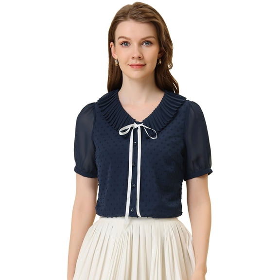 Allegra K Blusa Informal De Manga Corta Con Escote Plisado Y Lazo para Mujer Azul oscuro M