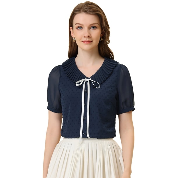 Allegra K Blusa Informal De Manga Corta Con Escote Plisado Y Lazo para Mujer Azul oscuro M
