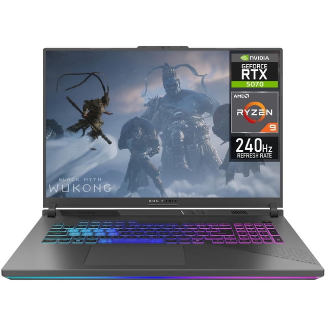laptop gamer asus rog strix geforce rtx 5070 dlss 4.5 ryzen 9 9955hx 64gb 1tb 18" rog nebula display qhd+ 240hz teclado ingles vista frontal 3/4 del portátil negro con pantalla 18" QHD+ mostrando arte de juego, biseles delgados y cámara en el marco superior; teclado en inglés retroiluminado RGB de 4 zonas con bloque numérico y tecla Copilot; rejillas de ventilación visibles y franja RGB frontal. Apta para gaming 2K/1440p, edición y multitarea intensiva.