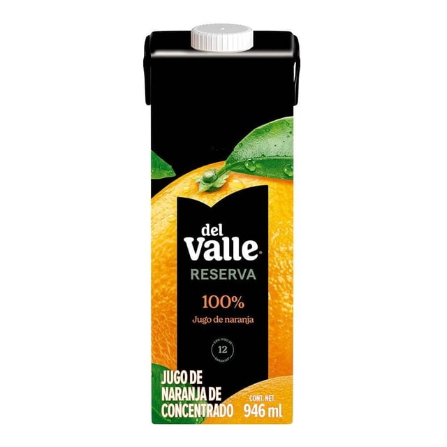 jugo del valle de naranja 100% jugo 946 ml Tetra Pak frente centrado con tapa blanca; cartón negro con imagen de naranja y hojas, logo Del Valle, leyenda "100% Jugo de naranja" y contenido neto 946 ml visibles; sin conservadores, ideal para refrescarse; a menudo usado para mezclas de bebidas frías.