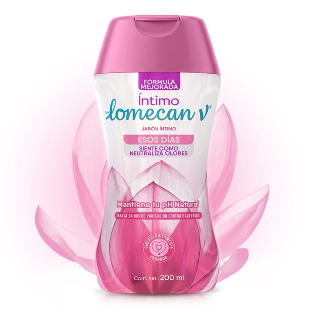 shampoo íntimo lomecan v esos días 200 ml frasco frontal rosado y blanco, vista centrada; etiqueta indica "Esos Días", aroma a jazmín, extracto de algodón, "Mantiene tu pH Natural" y contenido neto 200 ml.