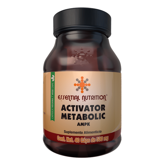 activator matbolic ampk 40 cápsulas veganas 500 mg flavonoides - yiaogulan frasco de suplemento Essential Nutrition ENG, etiqueta beige con logo naranja y texto negro, tapa negra, indica 40 cápsulas veganas de 500 mg y promotor de activación de enzima AMPK para salud metabólica; adecuado para rutinas de suplementación diaria.