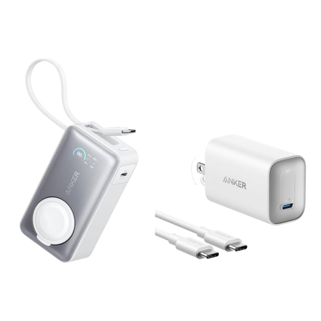 banco de energía Anker MagGo de 10000 mAh con cargador nano de 100 W, batería portátil blanca y gris con disco MagSafe integrado, pantalla LED de estado y cable USB-C incorporado; a la derecha cargador nano blanco plegable de 100 W con puerto USB-C y dos cables USB-C incluidos; fondo blanco, vista 3/4. Adecuado también para cargar accesorios móviles pequeños mientras viajas.