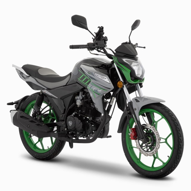 motocicleta de trabajo italika ft200 gts gris vista 3/4 frontal, Italika FT200 GTS gris con llantas y detalles verdes, asiento bicolor negro y gris, faro LED, manillar con espejos y porta celular, horquilla telescópica delantera y doble amortiguador trasero, freno delantero de disco y trasero de tambor, motor 198 cc (13.8 Hp) monocilíndrico visible. Adecuada para traslados urbanos y entregas ligeras. Se recomienda uso de casco.