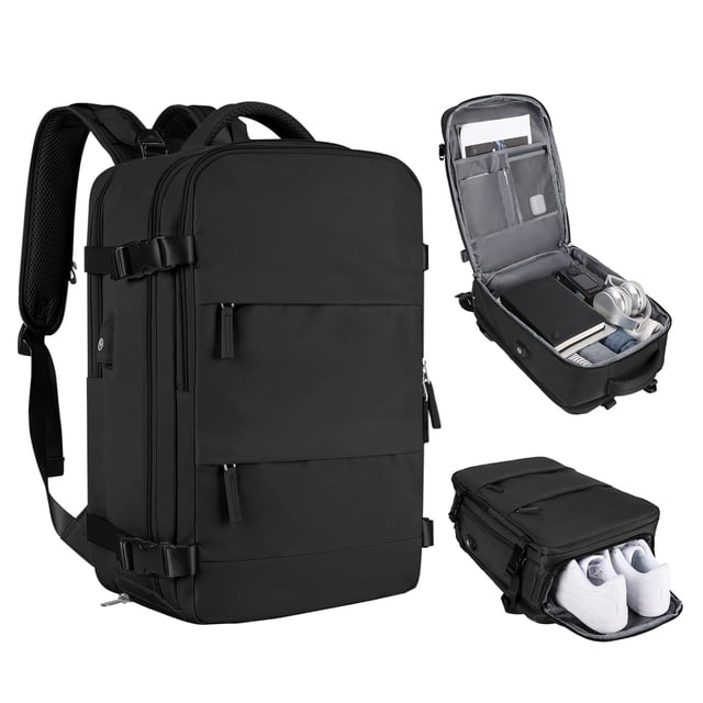 mochila de viaje coofay para mujer y hombre impermeable negra, vista frontal y abiertas mostrando compartimento separado para laptop 15.6"; organizador interno para accesorios, bolsillo húmedo, compartimento inferior para zapatos, correas acolchadas con ventilación, hebilla de pecho, bolsillo antirrobo trasero y puerto de carga USB; diseño grande apto para equipaje de mano y viajes cortos, también adecuada para trabajo o universidad.