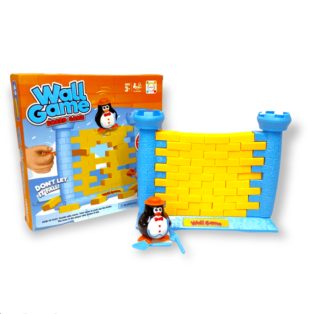 wall game pinguin trap de muro juguete educativo muro amarillo de ladrillos extraíbles sobre base azul con dos torres, figura de pingüino con sombrero naranja y dos palas azules en primer plano, vista frontal centrada, juego de mesa para 2 jugadores que desarrolla coordinación mano-ojo y paciencia; también suele usarse para actividades lúdicas entre padres e hijos.