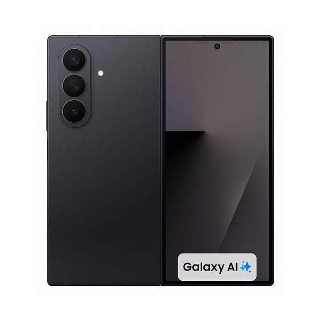 samsung z fold 7 color negro 12 gb 512 gb 5g Teléfono plegable abierto mostrando la pantalla interior desplegada a la derecha y la parte trasera izquierda con módulo vertical de tres cámaras y flash; pantalla interior con orificio de cámara frontal, bordes delgados y acabado mate negro visible. Destaca pantalla plegable para multitarea y cámara principal de 200 MP según especificaciones; su formato suele usarse como mini tablet para productividad.