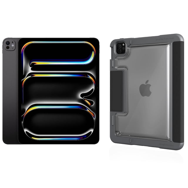 paquete apple ipad pro 13 pulgadas m4 (2024, 256 gb, wi-fi con oled, negro espacial) (mvx23ll/a) paquete con funda protectora magnética stm dux plus — Vista frontal y posterior del iPad Pro 13" en negro espacial; frontal muestra pantalla Ultra Retina XDR (OLED según título) encendida, posterior con funda STM Dux Plus transparente y bordes gris oscuro, recorte para cámara y logo Apple visible. Diseñado para productividad y creatividad con Wi‑Fi 6E; a menudo usado para dibujo y edición en movimiento.