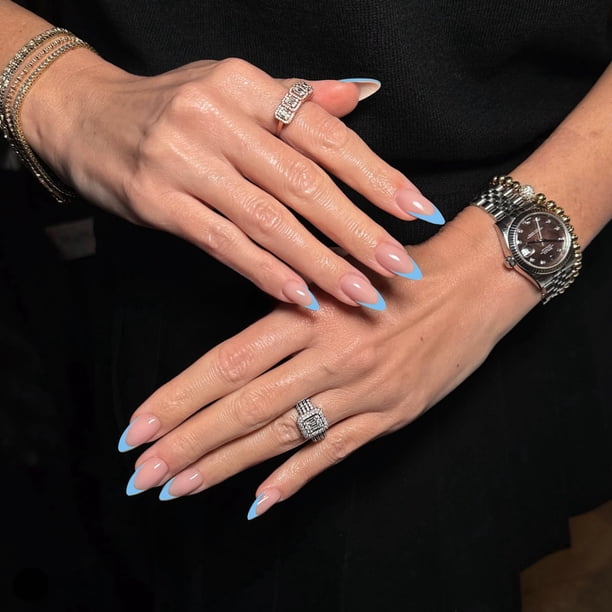 30 piezas de punta francesa azul cielo, uñas cortas de almendra, uñas postizas cortas, uñas acrílicas en forma de almendra, pegamento francés en las uñas, uñas postizas cortas para mujeres, uñas de ag
