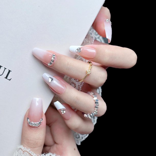 Uñas Postizas PHYLIN LEAF Blancas y Rosas Manicura Con Cristales 3D Forma Cuadrada De Ataúd Talla S