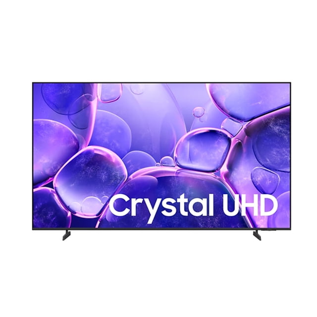 pantalla 65'' samsung crystal u8200f 4k (2025) televisor negro 65" 4K UHD (3840 x 2160) con procesador Crystal Processor 4K, PurColor y HDR; diseño metálico con bisel delgado sin bordes en tres lados y soportes de patas; pantalla muestra tonos violetas y texto "Crystal UHD"; Tizen Smart TV compatible y ideal también como pantalla principal de cine en casa.