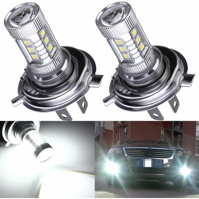 2 bombillas led de repuesto H4 de 80 W para coche, kit de bombillas led para faros delanteros, luz superbrillante ENTASSER; par blanco con cuerpo metálico y múltiples chips LED visibles, base H4 de tres terminales y ejemplo de haz blanco amplio en un auto; aptas para reemplazo rápido en proyectos DIY.