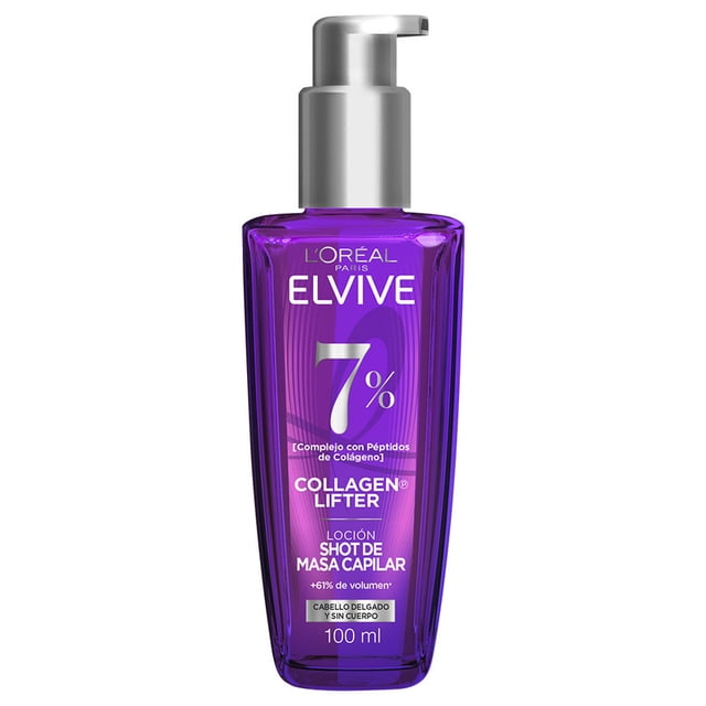 l'oréal paris elvive collagen lifter tratamiento con péptidos de colágeno 100ml — Frontal, bote dispensador morado de 100 ml con bomba plateada y etiqueta '7% complejo con péptidos de colágeno', 'Collagen Lifter' y 'Loción Shot de Masa Capilar'. Producto sobre fondo blanco; indicado para cabello delgado para aportar volumen y controlar el frizz; a menudo usado para aplicar en la raíz como tratamiento de aumento de masa capilar.