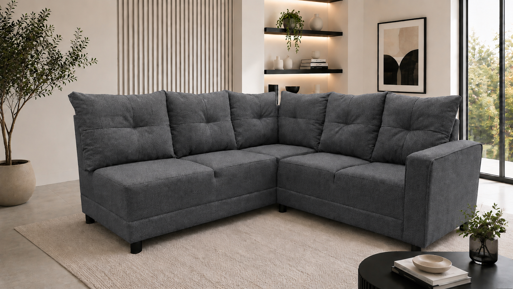 Sala Esquinera El Bazar Store Loki Gris Oxford 200x215 cm, Tela Lino nacional, Modular