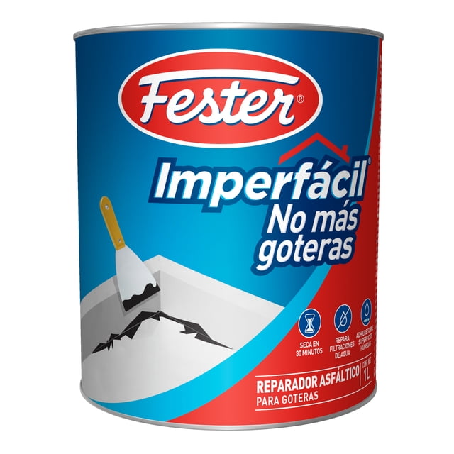 reparador asfaltico para goteras fester 1 l lata azul y roja de 1 L con logo Fester y texto 'Imperfácil No más goteras', vista frontal mostrando pictogramas de 'seca en 30 minutos' y 'repara filtraciones de agua' y la ilustración de una paleta aplicando masilla negra sobre una grieta; color negro y consistencia pastosa, apto para adherir sobre superficies húmedas o secas; a menudo se usa también para sellar pequeñas fisuras en canaletas.