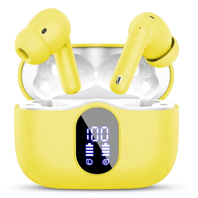audífonos inalámbricos, audífonos bluetooth 5.4 estéreo de bajos, audífonos con micrófono con cancelación de ruido y pantalla led, 36h de reproducción audífonos intrauditivos, audífonos deportivos im Vista frontal centrada de estuche de carga Aptkdoe en amarillo con tapa abierta; dos audífonos intrauditivos de vástago con puntas de silicona, pantalla LED frontal que muestra nivel de batería y iconos L/R, orificios de micrófono y diseño ergonómico curvo pensado para correr y llamadas claras; también suelen usarse para entrenamientos y desplazamientos.
