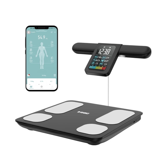 báscula inteligente de pesaje corporal rhino bioma-180 180 kg/100 g Plataforma 3/4 frontal con vidrio templado negro y cuatro electrodos plateados, barra de electrodos elevada con pantalla LCD a color y cable de conexión, pantalla de app Fitdays mostrando 54.9 kg y métricas de grasa y masa muscular; adecuada para seguimiento familiar o grupal.