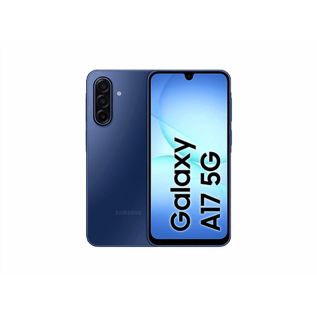 samsung galaxy a17 5g 128gb dual sim 6gb ram azul — Vista frontal y posterior, smartphone azul con pantalla Super AMOLED de 6.7" y muesca en gota; módulo trasero vertical de triple cámara (50MP+5MP+2MP) y lector de huellas lateral en el marco. Ideal también para quienes buscan un equipo con gran batería y almacenamiento ampliable.