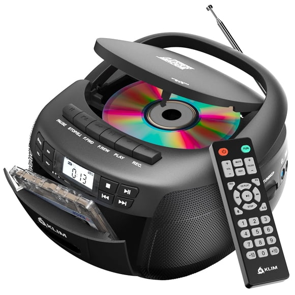 KLIM Reproductor de CD + cinta de casete, Boombox de CD Bluetooth, radio AM/FM, sonido estéreo, control remoto, combo de reproductor de CD y casete, grabación de cinta, unidad USB, AUX, reproductor de