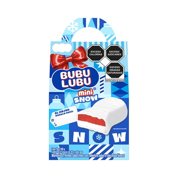 Malvavisco Bubulubu Snow cubierto con chocolate blanco y relleno sabor fresa 12 piezas de 20 g c/u