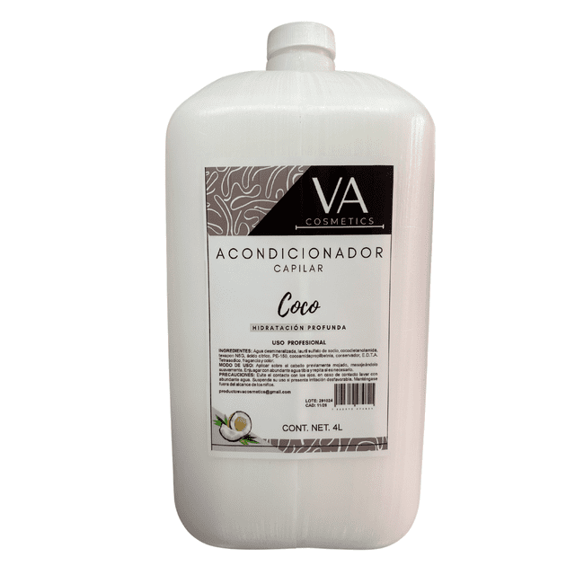 acondicionador de coco 4 litros uso profesional de belleza va envase blanco frontal con etiqueta VA Cosmetics que lee 'Acondicionador Capilar Coco' CONT. NET. 4L; botella rectangular de plástico con tapón superior, etiqueta incluye texto de ingredientes y un dibujo de coco; según especificación, indicado para hidratación profunda y suavizar el cabello, a menudo usado en salones profesionales.
